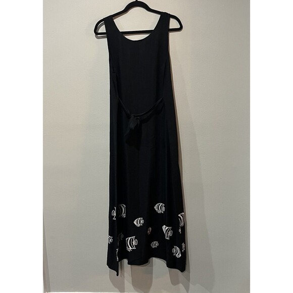 Vintage Connie Choi Dress Large‎ Black Rock Fish Sleeveless Maxi Belted Tropical - Picture 2 of 6